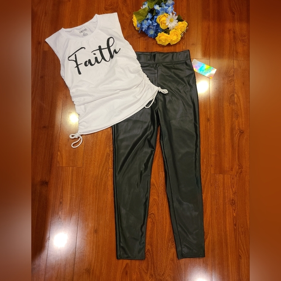 Bundle 2pc White Faith Tank Top (XL) & Black Leggings (L) - Picture 1 of 6